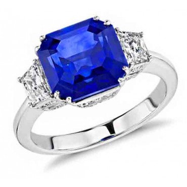 Ring 3stone 1.25ct octagon blue diamond
